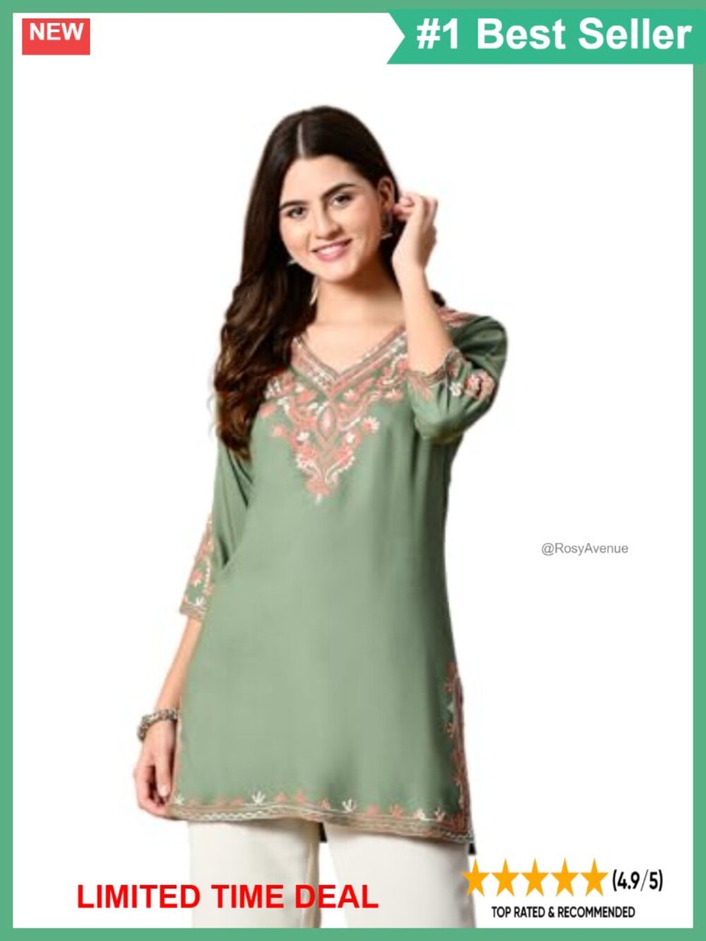 Kashmiri Embroidered V-Neck Tunic Top 3/4 Sleeve Floral Kurti